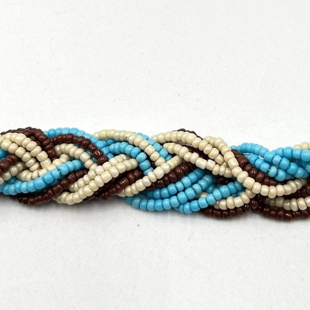 Vintage Multi-Strand Braided Seed Bead Necklace Cream Blue Brown Boho Retro - Picture 7 of 15